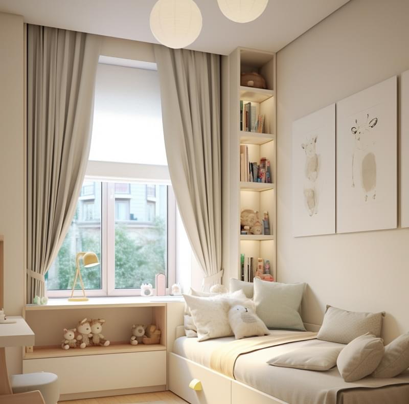 Cortina em tecido liso na cor off-white, com caimento leve e elegante, harmonizando perfeitamente com a paleta suave do quarto infantil. Ideal para ambientes que pedem aconchego, delicadeza e um toque sofisticado na decoração.
